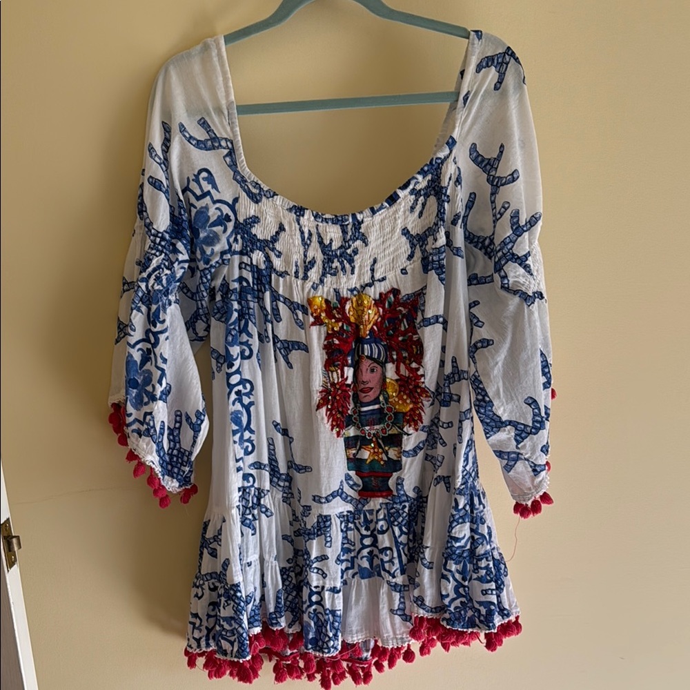 White and Blue Smocked Blouse with Puff Sleeves